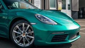 Porsche Cayman Wrapped in Avery Dennison Pearl Dark Green - Closeup Photo Outside the Shop